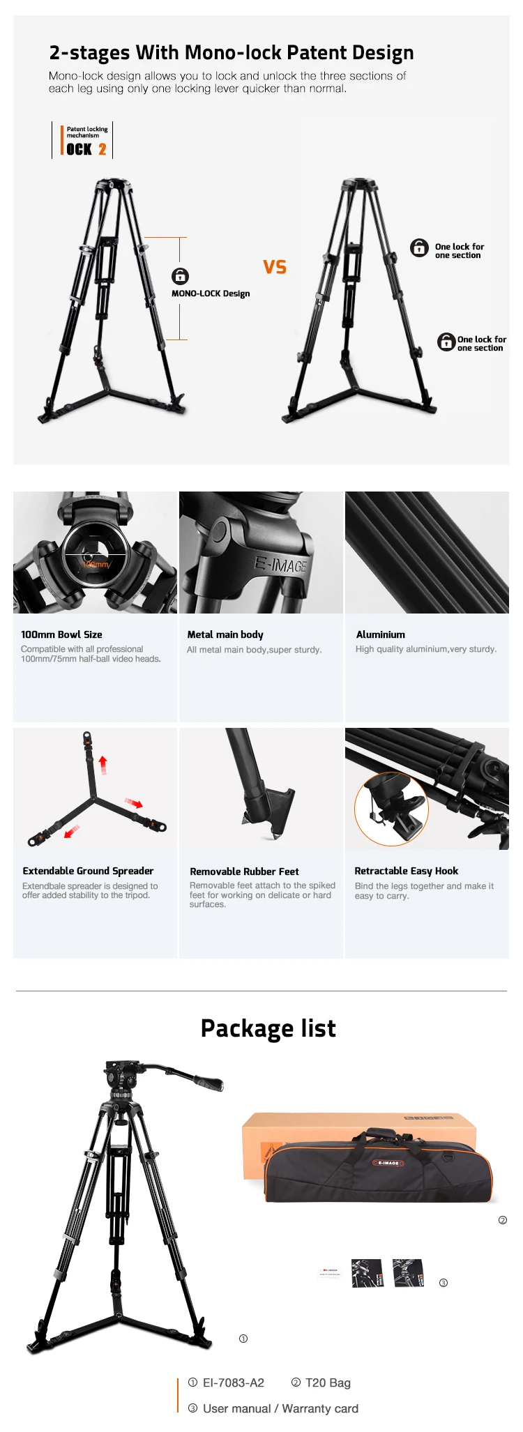 E-IMAGE EI7083A2 EI-7083-A2 Professional Aluminum video Two-Stage tripod with EI