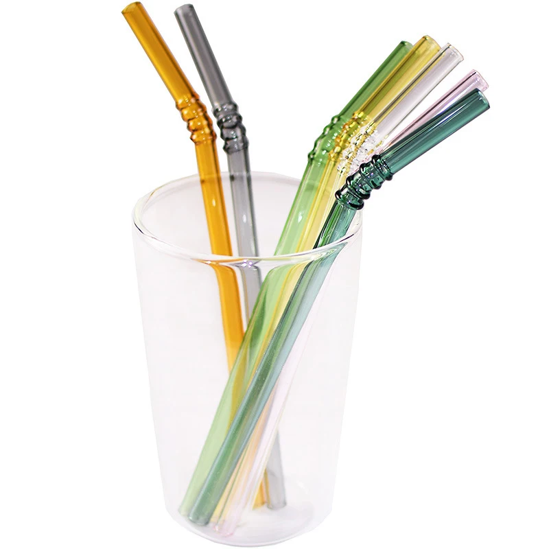 High Quality Reusable Bent Clear Colorful Glass Straw Set Custom Logo
