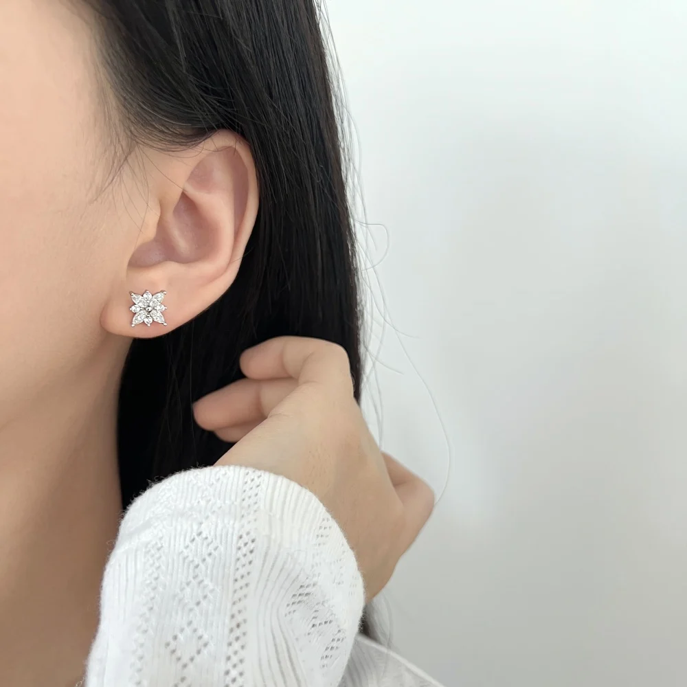KAKODIY Fashion Fine Rhodium Plated 925 Sterling Silver Unchanged 5A Cubic Zirconia Snowflake Shaped Earrings for Women detail 1