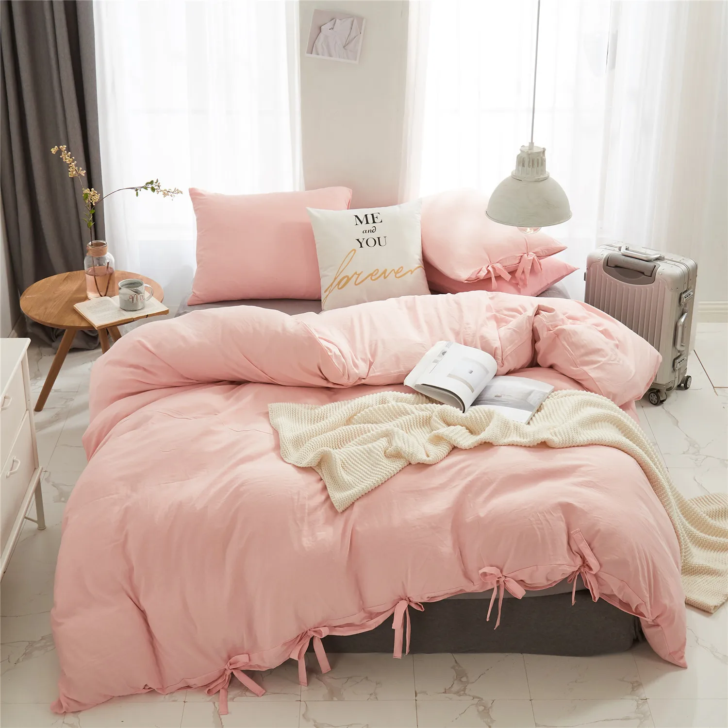 Home textile washed lace up bedding set luxury solid color duvet cover set brushed three pieces set