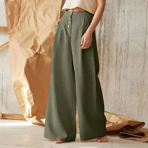 Casual Solid Color Loose Style Linen and Cotton Wide Leg Pant Women