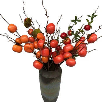 Competitive Price Good Quality Aromatic Dry Simulation 6- Head Spray Paint Foam Persimmon Plant Artificial Fruit