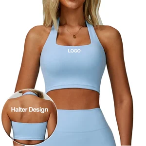Halter Neck Sports Bra Removable Pads Double Layer Straps U-Neck Four-Way Stretch for Yoga Gym Workouts