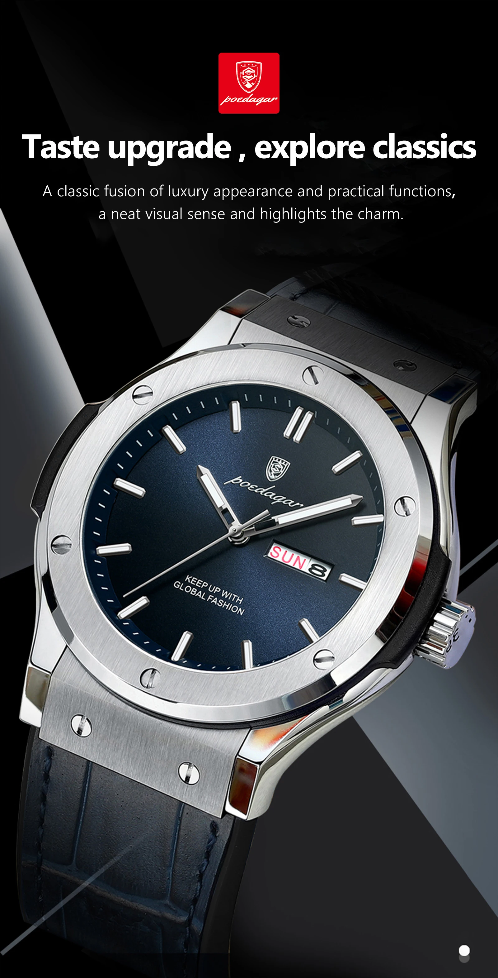 POEDAGAR 952 Luxury Quartz Watch 30M Deep Waterproof Luminous Hands Reloj Men's Wristwatch Business Leather Strap Men Watches