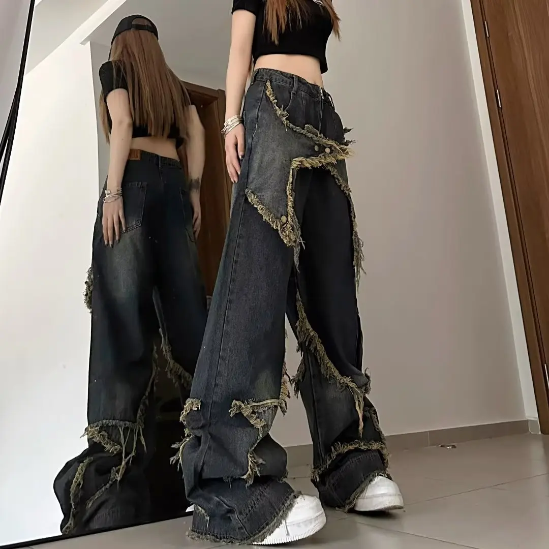American Vintage Mid Loose Slim Denim Jeans Women Spring Design Frayed Hems Floor-Length Straight-Leg Wide-Leg Trendy Pants