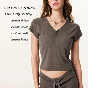 2026 Hot Selling High Quality Ribbed Knit Tshirts Custom Button v Neck Women Solid Color Slim Fit Blank Short Sleeve T Shirt