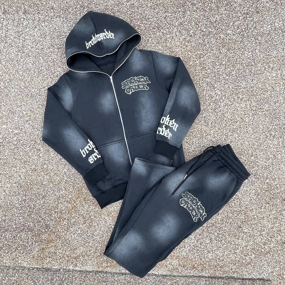 Custom Cropped Sweatsuit Jogging Zipper Track Suit Set Puff Printing Blank Flare Sweatpants and Hoodie Set