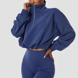 Custom Logo Stand up Collar Sportswear Drawstring Tight Bottom Pullover Hoody Oversized Half Zipper Tops Hoodie for Women