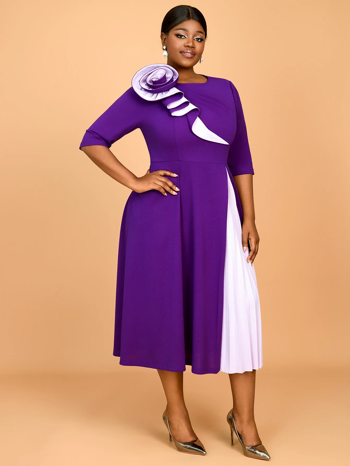 AM050103 - Elegant Purple a-Line Dress with Flower Stitching