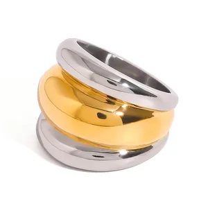 Trendy 18K Stainless Steel Chunky Gold Silver Mixed Design Rings Fashionable Two-Tone Layered Ribbed Dome Ring Mixed Metal