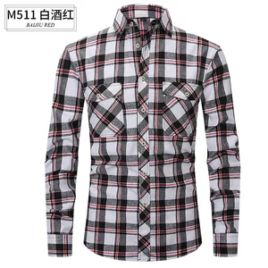 Men's Slim-Fit Flannel Plaid Shirt for Spring/Summer Twill Fabric Double Pocket Long-Sleeved Casual Anti-Wrinkle