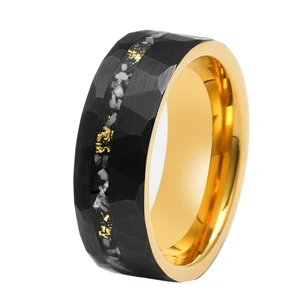 8mm Tizti Classic Gold Plated Tungsten Ring with Hammered Meteorite Inlay and Foils for Men Wedding Band