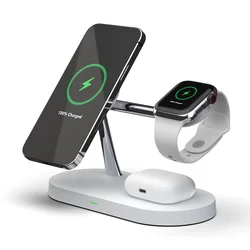 New zinc 5 in 1 magnetic 15W qi fast charging wireless charger holder for iphone 12 airpods and iwatch with LED night light