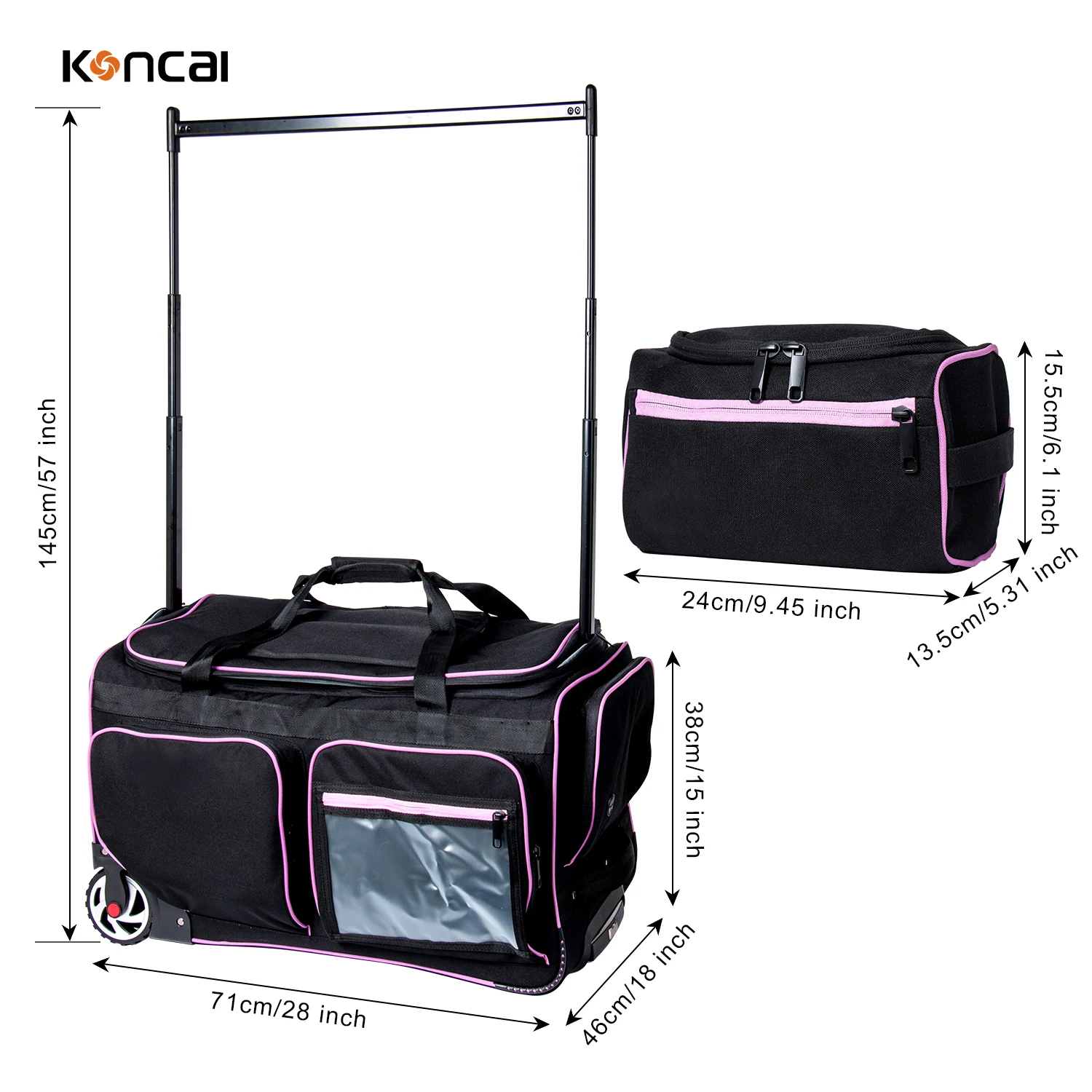 KONCAI Rolling Dance Bag With Garment Rack Waterproof Multi Functional Wheeled Dance for Girls