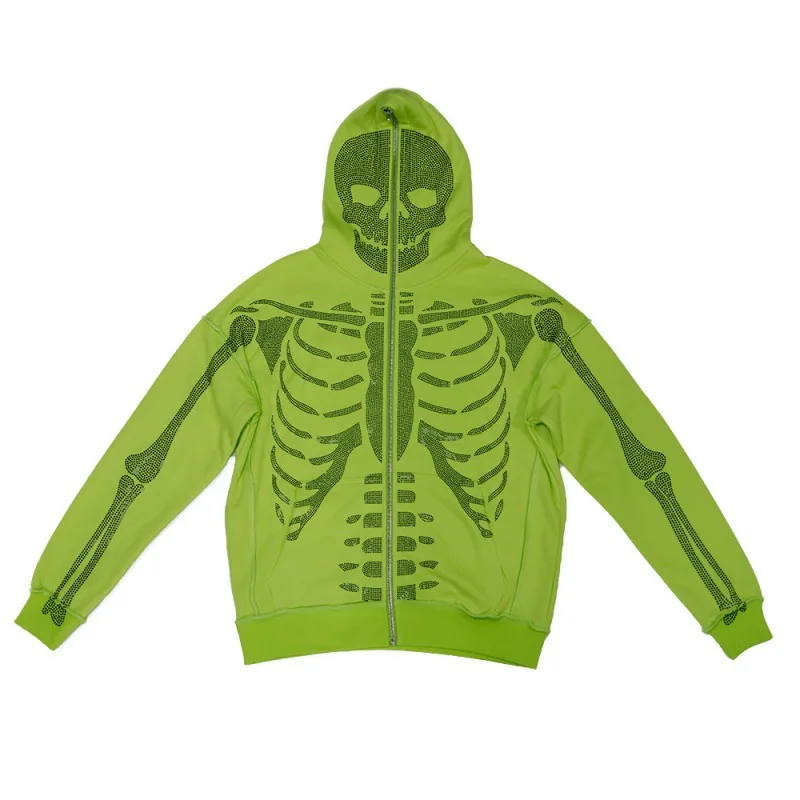 Fast Delivery Transfers Rhinestone Skeleton Custom Full Face Zip up Hoodie for Men