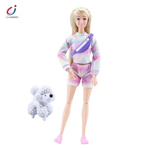 Chengji New Arrival Fashion Doll Toy Kids Pretend Play Outdoor Dog Walking Theme 11.5 Inch Beautiful Doll Set