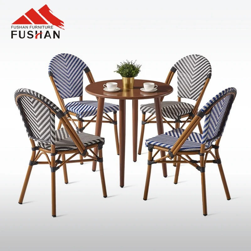 Fresh style bistro vintage aluminum outdoor dining chair garden used stackable woven rattan chairs cafe metal chairs