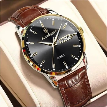 POEDAGAR 832 Watch For Men Fashion Sports Waterproof Quartz Watches Top reloj Genuine Leather Calendar Luminous Man Wristwatch