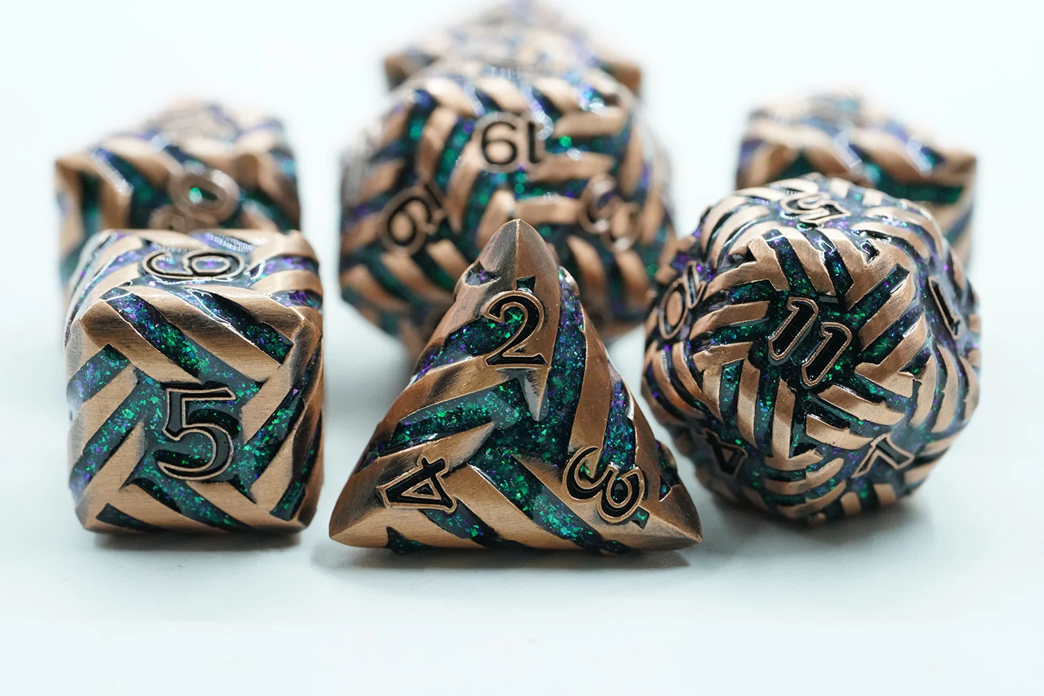 Copper-Colored Polyhedral Dice Set for DND Games Zinc Alloy Metal with Green Sparkling Mica Stripe and Black Number details