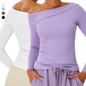 TM0266 New Style  Ribbed Yoga Top Slant-necked Shoulder-baring Design  High-strength Long Sleeves Top Suitable for Running