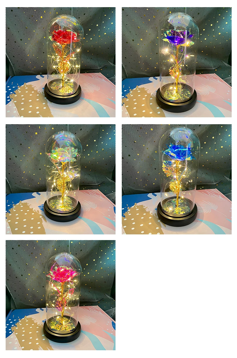 product valentines mothers day gift artificial decorative flower galaxy rose led light 24k golden foil rose in glass dome-58