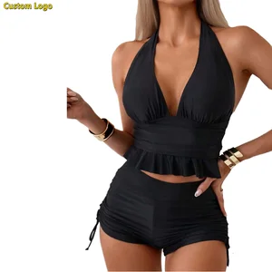 Custom Logo Swimwear V-neck Camisole Ruffled Women Bikini 2-piece Swimsuit High Waist Flat Angle Pants Hanging Neck Tie Swimwear