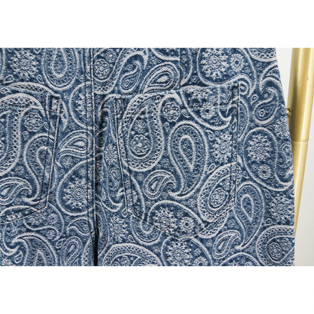 High Waist Washed Wide Leg Denim Jeans Straight Fit Paisley Embroidery Design Jeans