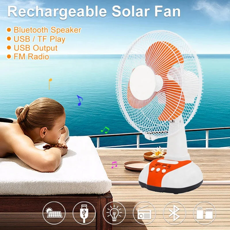 12V AC/DC Charging LED Light USB & Solar Powered 16/14/12 Inch Desk Fan Electric Table Fan with Plastic Plate for Outdoor Use