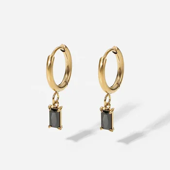 Retro Jewelry 14K PVD Gold Plated Black Zircon Hoop Earrings Stainless Steel Square Black CZ Zircon Huggie Earrings for Women