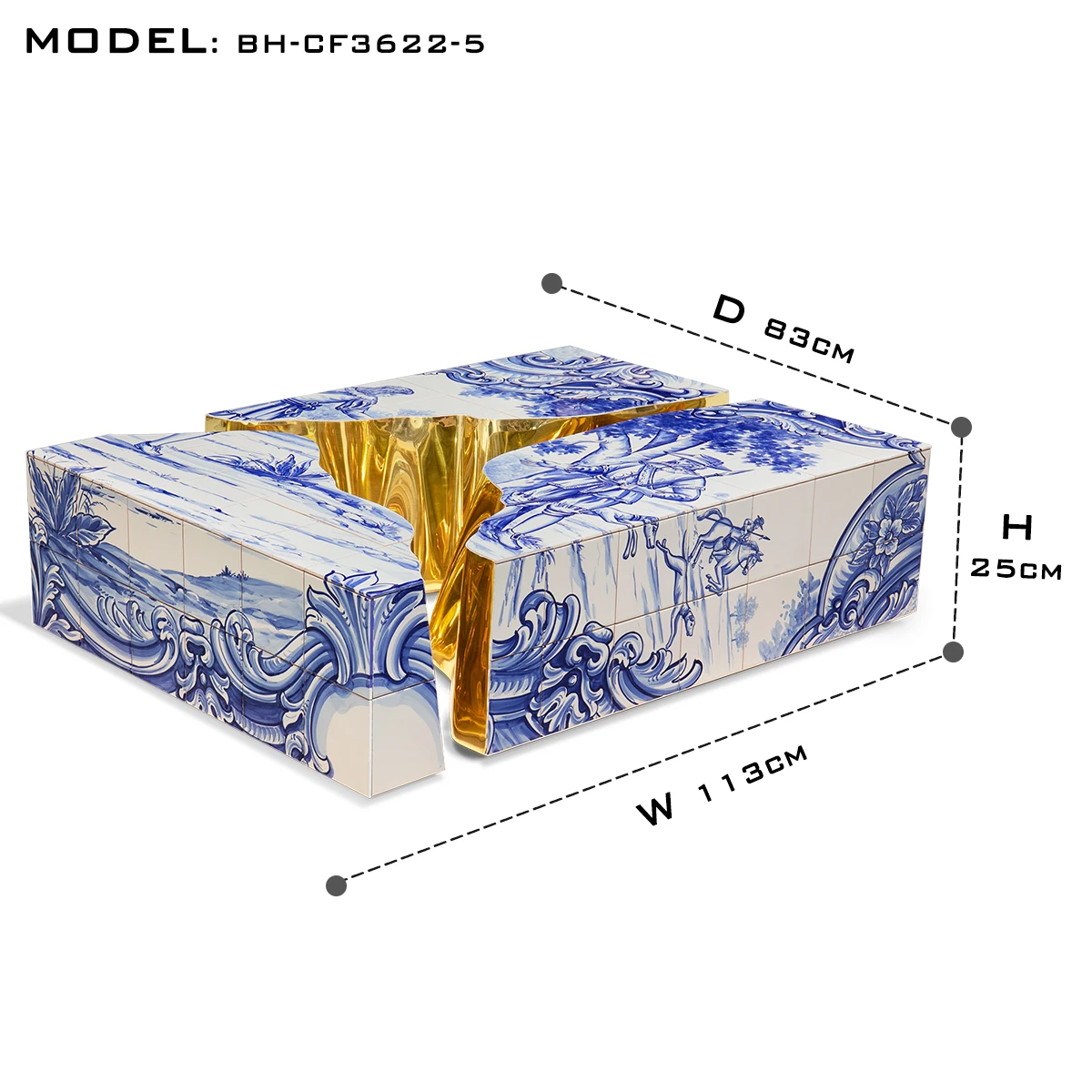 Portuguese Azulejo Center Table - Traditional Hand-Painted Tiles, Polished Brass, Modular Design