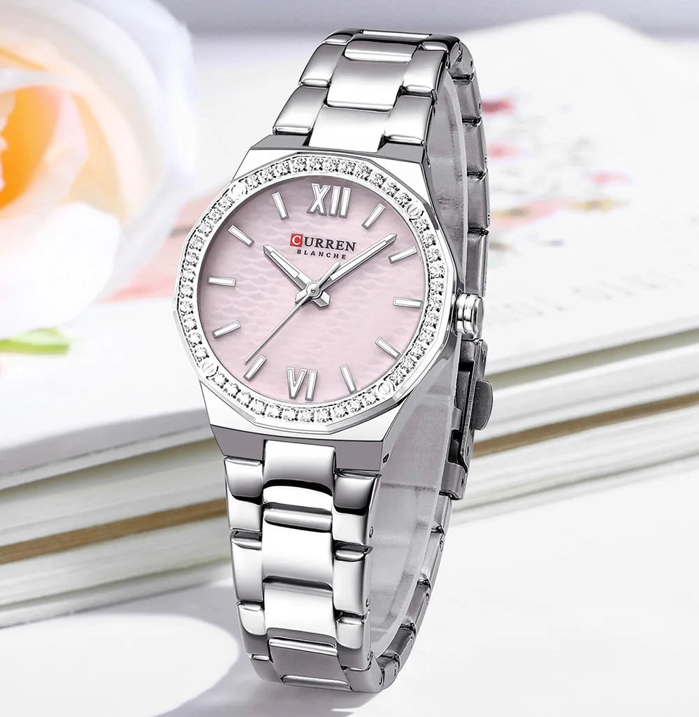 CURREN 9103 Elegant Rhinestone Ladies Watch Lightweight Luminous Quartz Watch Waterproof Stainless Steel Clock