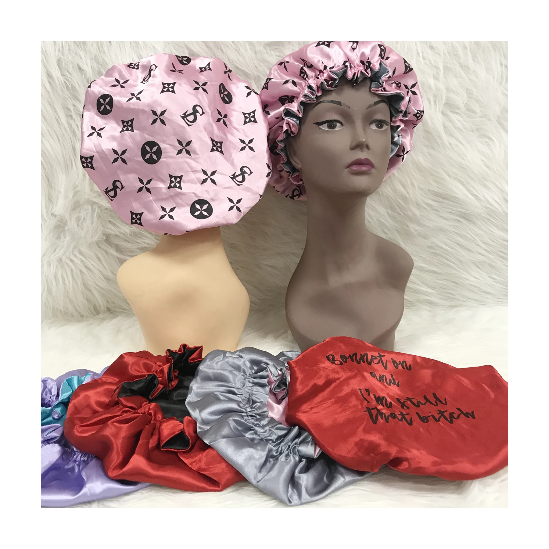 Wholesale Factory Wholesale newest trend Double Layer Silk Hair Bonnet  Custom sleep hair bonnets with Logo pattern Satin designer Bonnets From  m.