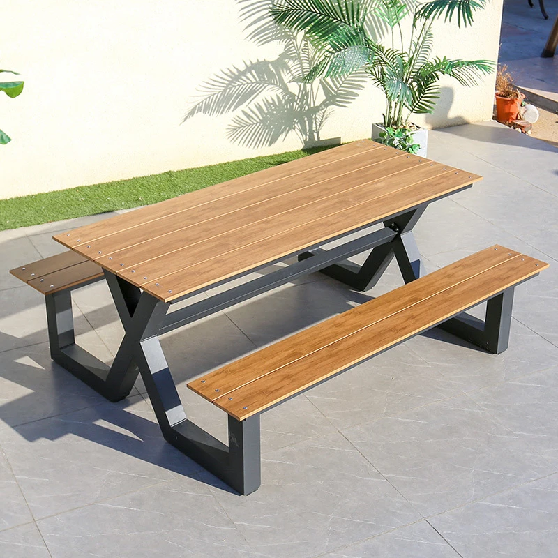 Modern Wood-plastic Outdoor Seating Table with Bench Patio Garden Furniture  Picnic Dining Table and Park Bench
