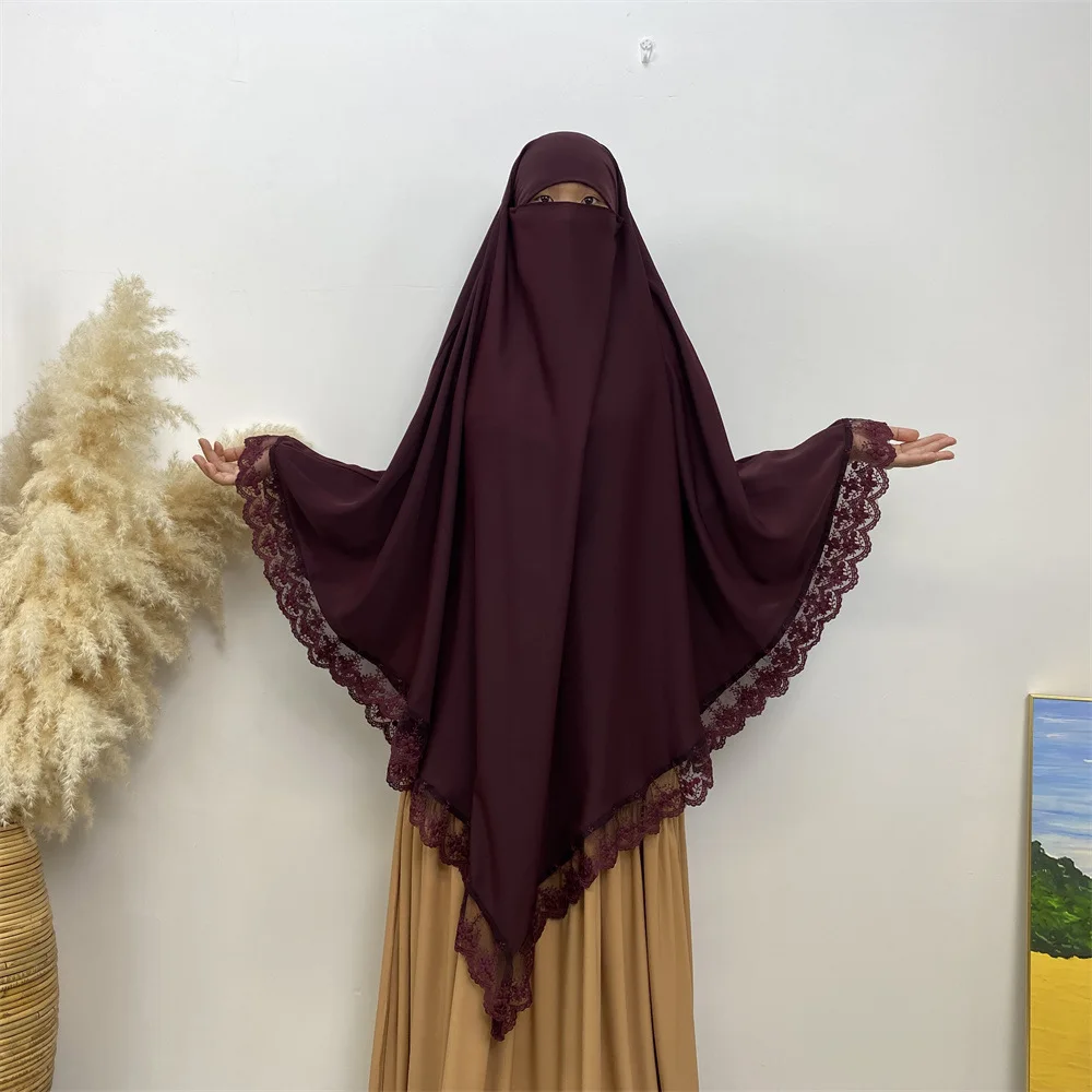 13 Colors Single Layer One Piece Tie up Nida Khimar Hijab with Niqab Lace Side Muslim Women Prayer Islamic Clothing