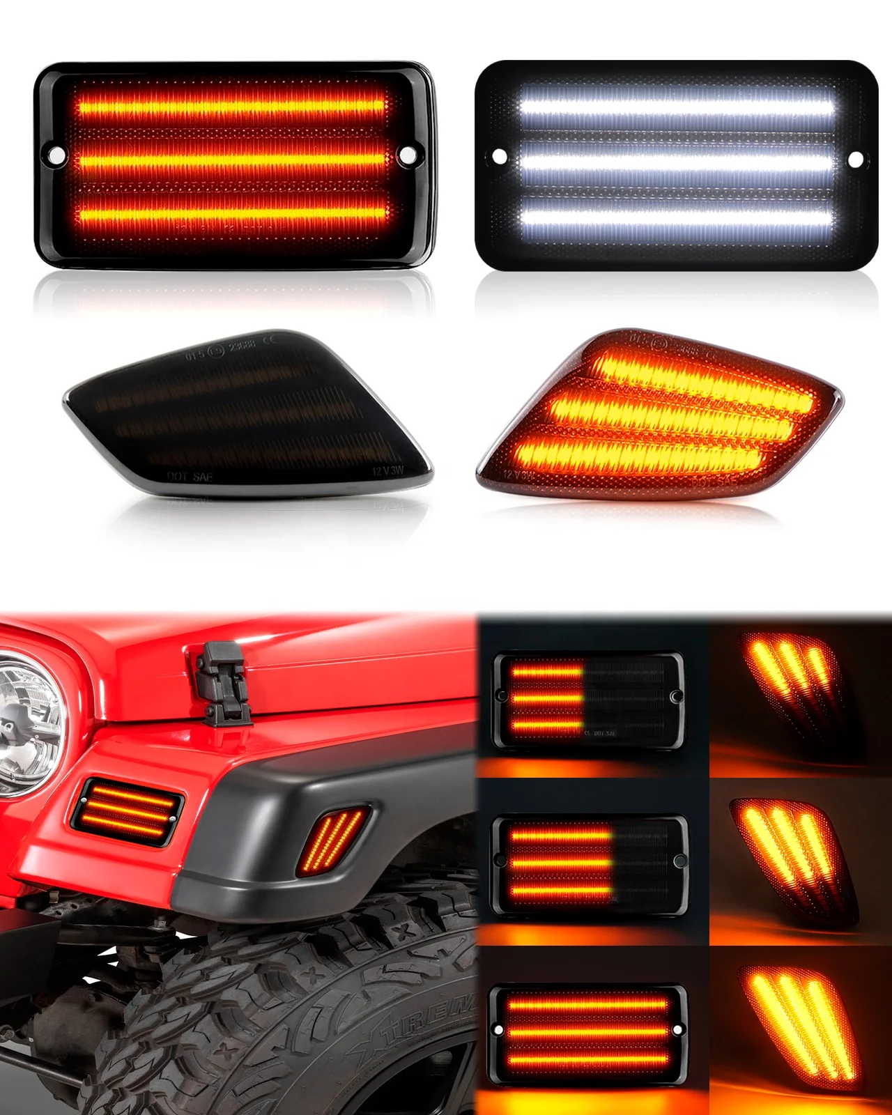 FetonAuto 4PCS fumé lente ambra LED Side Marker luci anteriori parafango paraurti luci di svolta kit per 1997-2006 Je-eep Wrangler TJ, sostituire OEM 55155629AC