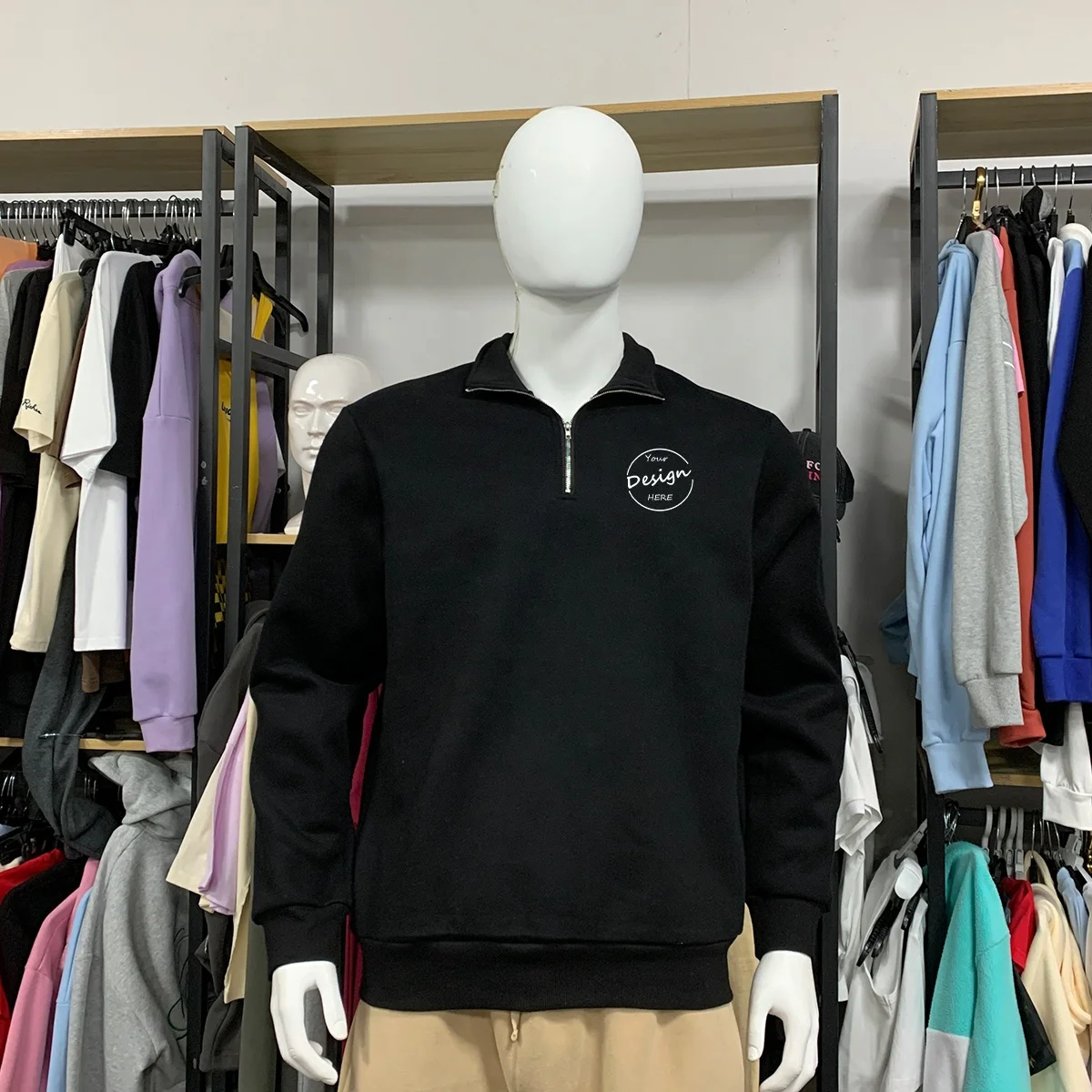 Half Zip Loose Solid Color Fleece Sweatshirt Quarter Zip Oversized Drop Shoulder Pullover 450gsm Quarter Zip Sweatshirt