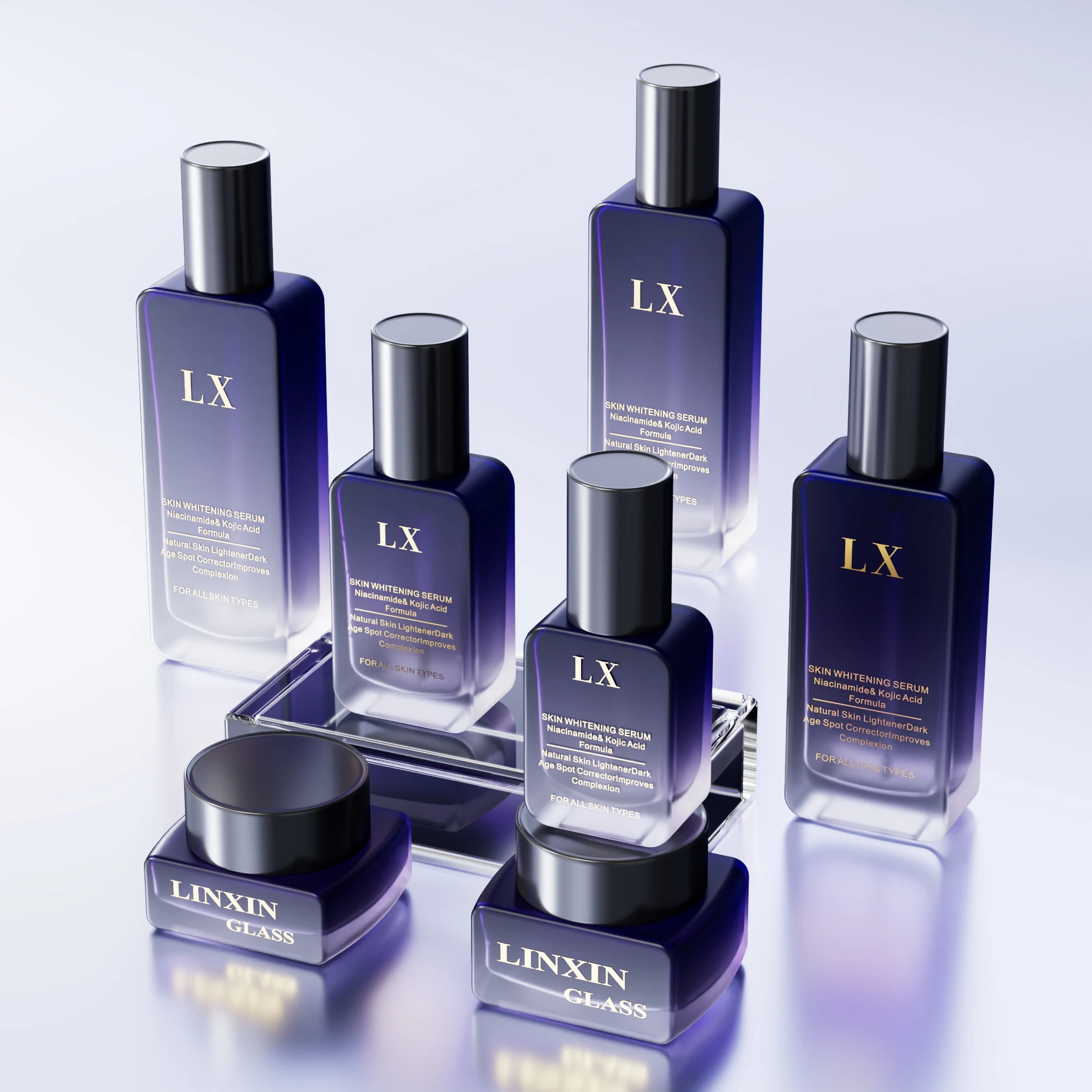 Flat Rectangle Black Matte Amber Skin Care Cosmetic Packaging Set 30ml 50ml 100ml Glass Lotion Pump Cosmetic Bottle Cream Jar