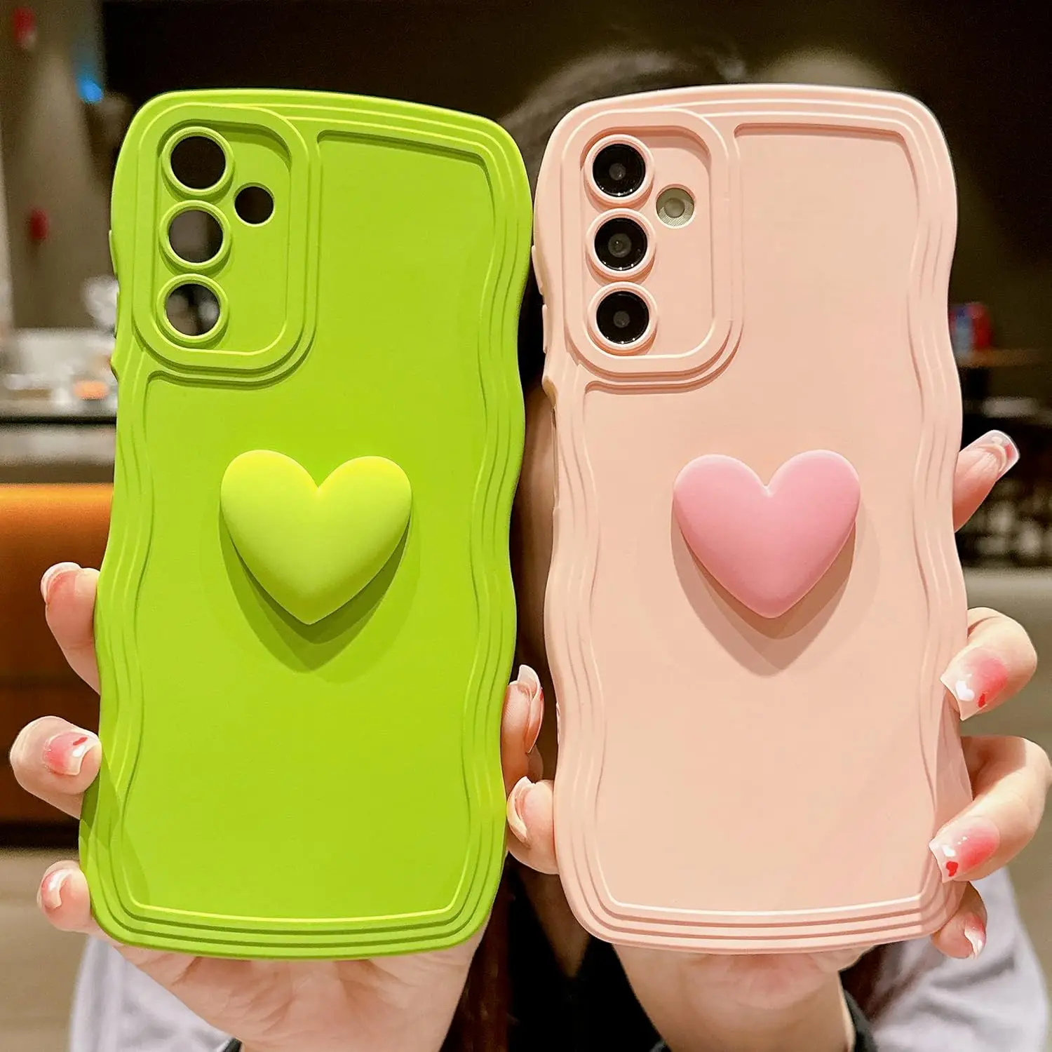 Cover for Samsung Galaxy A15 5G Phone Case for Women Girls Cute 3D Love Heart Solid Color Curly Wave Camera Lens Shockproof