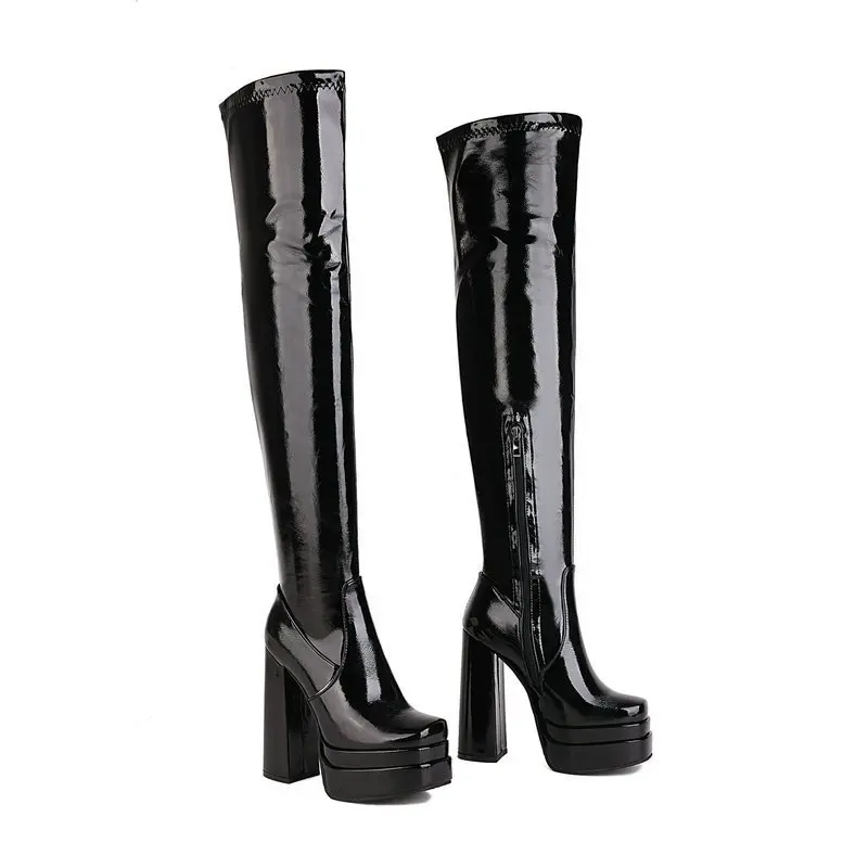 Chunky Heel Waterproof Platform Leather Zipper Red Sexy Women Elastic Over The Knee High Boots - Image 4