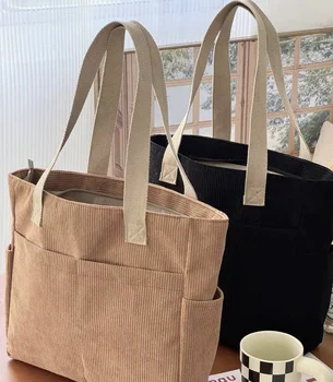 Personalized Canvas & Corduroy Tote Bag - Soft, Washable, with Custom Logo Wholesale Fashion Corduroy Tote Bag With Pockets