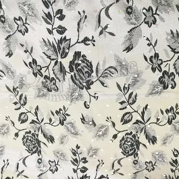 Beige Acetate Woven Jacquard fabrics with Black Lurex Flora Embellishment