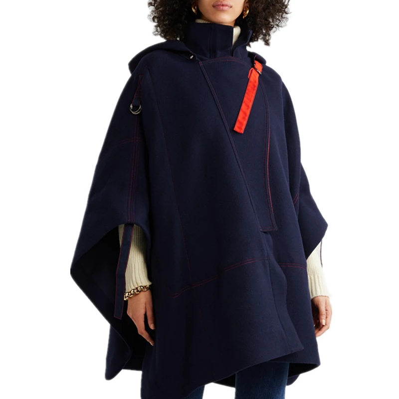 High quality long dark blue elegant Two-tone wool-blend cape for ladies with hood