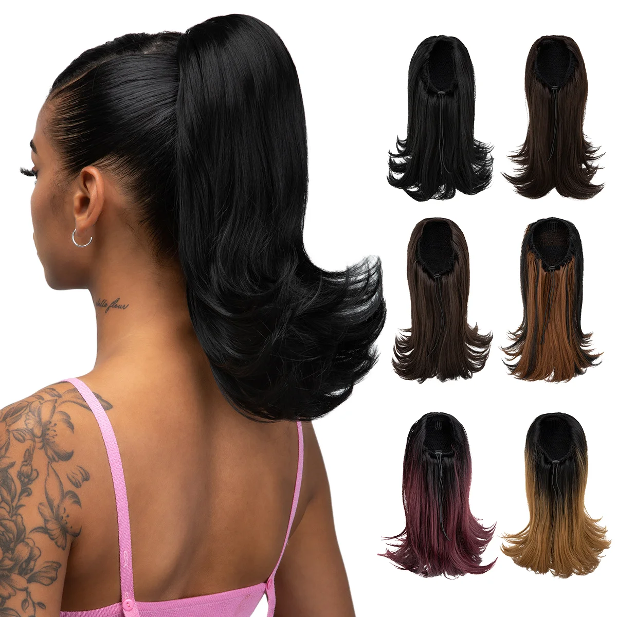 14 Inch Curly Ponytail Extension Drawstring Clip Heat Resistant Synthetic Wholesale 14 Inch Black Synthetic Fiber Curly Wave  main image 4