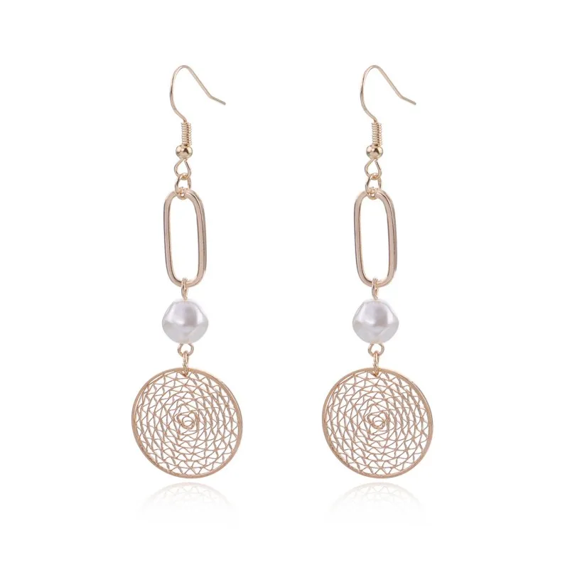 Wholesale 18k Gold Stainless Steel Geometric hollowed-out circle pearl Earring for Women