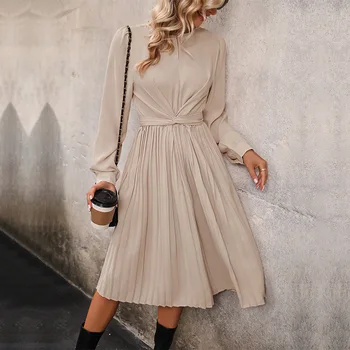 Amazon 2024 New Spring European and American Women's Solid Color Long Sleeve Pleated Dress Women lady girl clothing