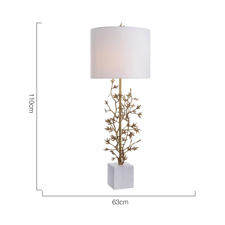 Designer Solid Brass Tree Branch Leaf White Marble Base Beige Drum Shade Restaurant Table Lamp
