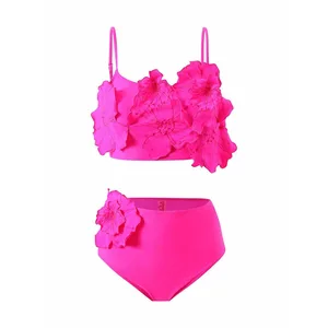 STOCK 5Colors NO PAD 3D Flower Swimwear Women Bandeau Top High Waist Bikini Two Pieces Swimsuit S-XL