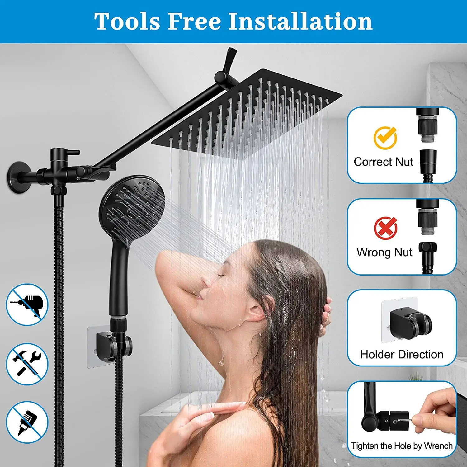 8'' Matte Black High Pressure Rainfall Shower Head With 9 Function