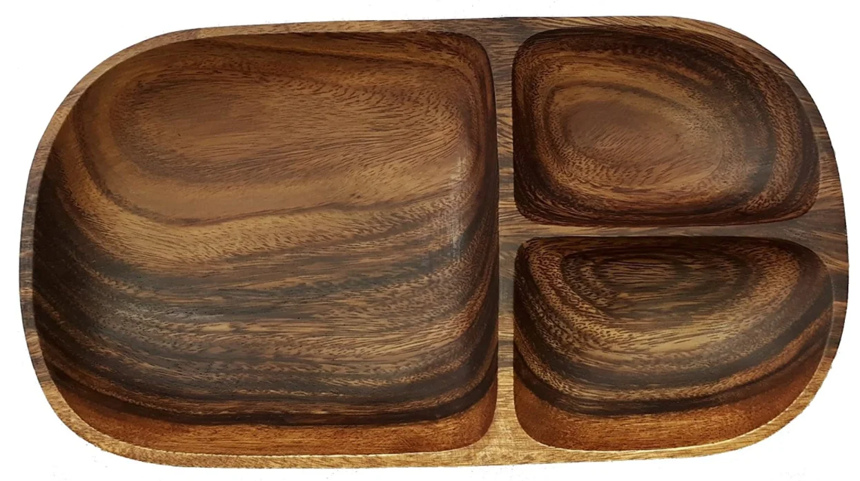 天然森林金合欢木木质椭圆形厨房供应托盘12inchs食品3节 - buy