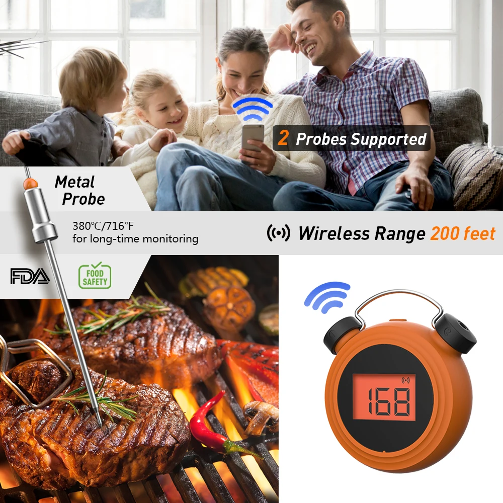 NutriChef Bluetooth Meat Thermometer for Grilling and Smoking - Wifi Grill  Thermometer for Outside BBQ and Smoker Oven - 6 Temperature Probes and